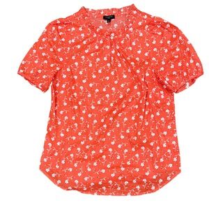 Talbots Petite Floral Blouse short Sleeve Ruffle Neck Red-Orange Women's P